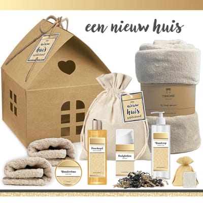 Geschenkset “Een Nieuw Huis!” - 9 producten - 1350 gram | Cadeau Een nieuwe woning - Man-Vrouw - Wellness Giftset Deluxe - Pakket Verhuizing - Cadeau appartement - Verhuispakket Nieuwe stek - Eigen huis - Giftset Housewarming Party - Goud Naturel