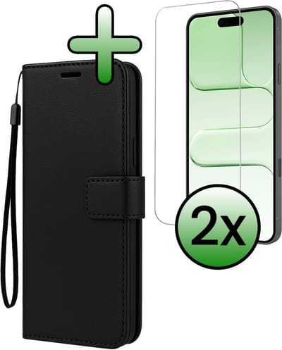 Hoesje Met 2x Screenprotector - Geschikt voor Apple iPhone Air - Luxe Pasjeshouder - Bookcase Portemonee - Flip Case - Kunstleer Book Case - Flipcase Hoes - Book Cover - Walletcase - Portemonneehoes - Zwart