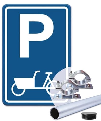 Parkeerbord Bakfiets - Weerbestendig Aluminium - 30x45 cm - Bevestiging: Met paal 150 cm + paalbeugels + paaldop