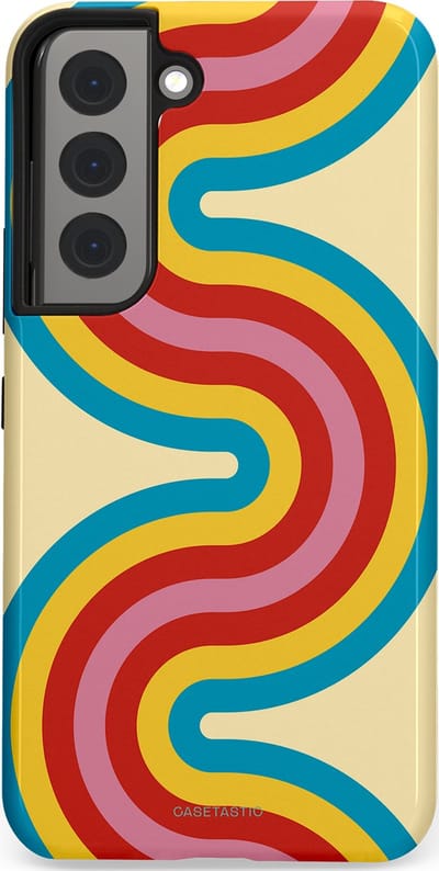 Casetastic hoesje geschikt voor Samsung Galaxy S22 - Dubbellaagse bescherming - Retro kronkels - Fashion Case - Crème Lichtblauw Goud Rood