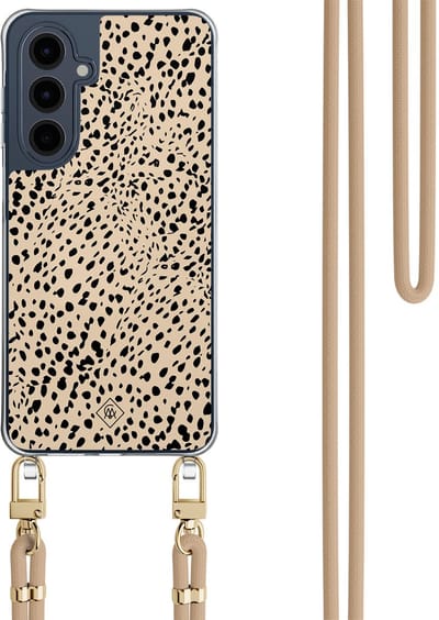 Casimoda® hoesje met beige koord - Geschikt voor Samsung A16 - Stippen bruin abstract - Afneembaar koord - TPU/polycarbonaat - Bruin/beige
