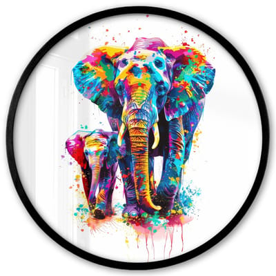 Poster in lijst Rond - Fotolijst 40x40 cm - Posters - Olifanten - Dieren - Verf - Kleurrijk - Ronde posterlijst zwart - Decoratie - Wanddecoratie woonkamer - Muurdecoratie slaapkamer
