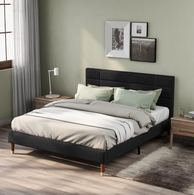 MEUNIQ Gestoffeerd tweepersoons bed 140x200 cm met lattenbodem en matras, bedframe met hoofdbord, bed met opbergruimte onder, slaapkamer, zwart