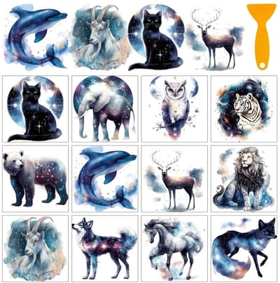 Dailygoods- Dierenstickers 12 Vellen - Lichtgevende Kat/Uil/Olifant - Transferstickers voor Raampapier - Woondecoratie - Dierenriem Stickers - Muursticker