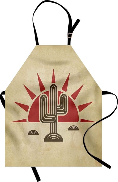 ABAKUHAUS Arizona-kookschort, Tribal Saguaro en zon, heldere kleuren, in hoogte verstelbaar, wasbaar, vlekkenprint, lichte kameel-robijnkleur