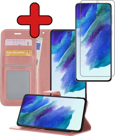 Hoesje - Met Screenprotector - Geschikt voor Samsung Galaxy S21 FE - Luxe Pasjeshouder - Flipcase - Bookcase Portemonee - Flip Case - Kunstleer Book Case - Book Cover - Walletcase - Portemonneehoes - Telefoonhoes - Rosé goud