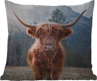 Tuinkussen - Schotse hooglander - Koe - Dieren - Berg - Natuur - 40x40 cm - Weerbestendig