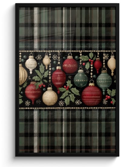 Poster in lijst - Fotolijst 60x90 cm - Posters - Kerstballen - Rood - Hulsttakken - Patroon - Posterlijst zwart - Decoratie - Wanddecoratie woonkamer - Muurdecoratie slaapkamer - Kerstversiering - Kerstdecoratie voor binnen - Kerstmis