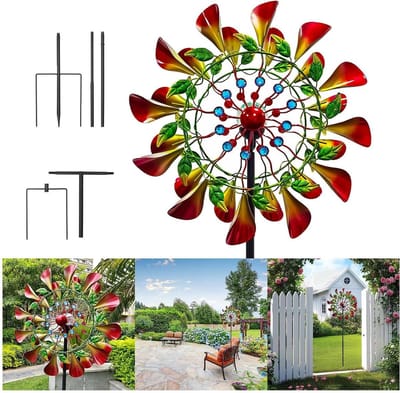 Windspinner Tuin - Windmolen Decoratie - Buiten Decoreren - Zonne-energie Verlichting - 83 Inch Hoog - Metaal Blauw