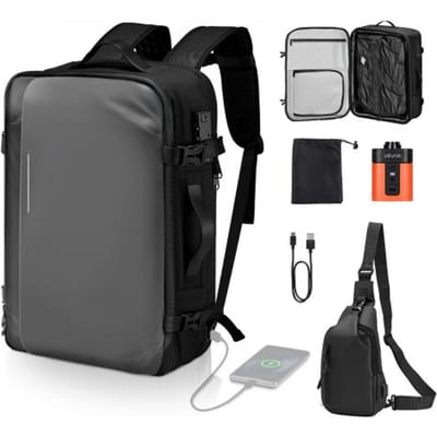 VEVOR vacuüm reisrugzak, 65 L, uitbreidbare vacuüm compressie reisrugzak met pomp, TSA-goedgekeurd slot, USB-oplaadpoort, waterdichte handbagage, voor zakelijk gebruik, grijs