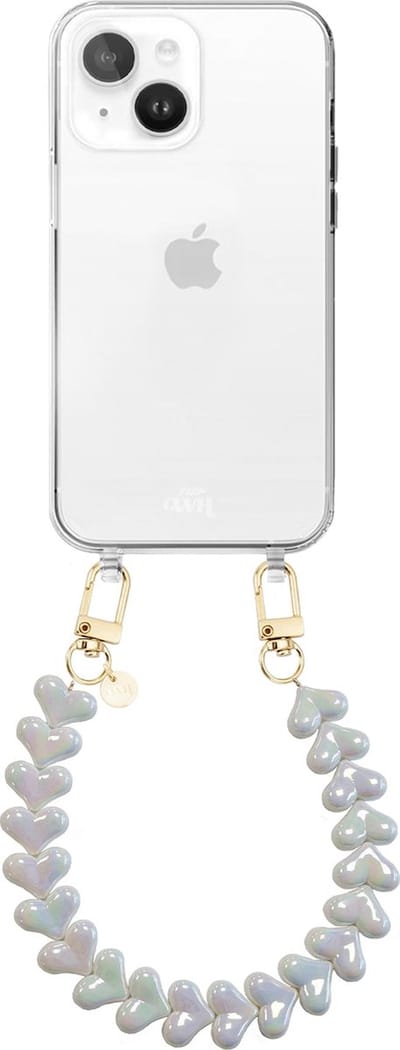 xoxo Wildhearts siliconen hoesje geschikt voor iPhone 15 Plus hoesje - Funky Hearts - Telefoonhoesje - Hoesje met koord - Metallic Wit koord - kort telefoonkoord - Hartjes ketting - Transparant hoesje