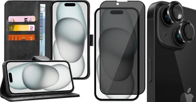 Hoesje geschikt voor iPhone 15 - Privacy Screenprotector FullGuard & Camera Lens Screen Protector Zwart - Book Case Kunstleer Pasjeshouder Zwart