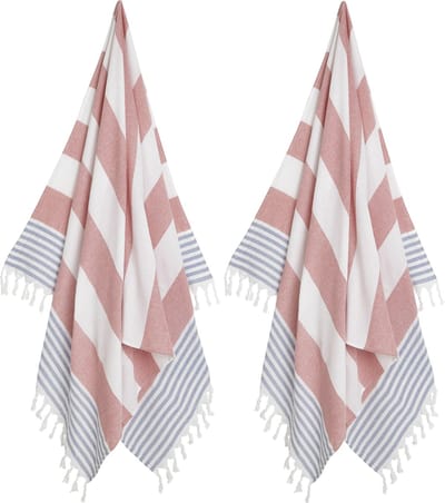 2x Hamamdoek XL – Rood (blauw) - Strandlaken – Zoem - Katoen - Sauna – Wellness – Zwembad – Omslagdoek – Badlaken – Badhanddoek – Yoga – Stripe – 100 x 180 cm