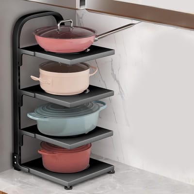 Heavy Duty Pan Rack Organizer - 4-Tier Keuken Storage Organizer - Gietijzeren Skillets, Pannen, Bakplaten en Ondiepe Potten - Duurzame Stalen Organizer- Zwart
