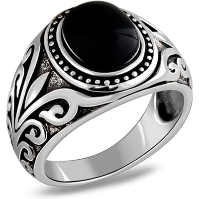925 Sterling Zilveren Ring Zwarte Agaat Rode Granaat Wijnstok Patroon Edelsteen Heren Ring 20 black