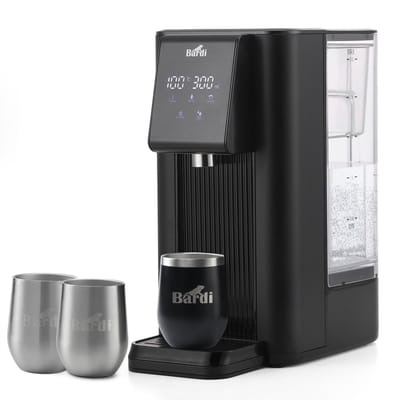 Bardi Heetwaterdispenser 2,6L – 6 Temperatuurstanden 45-100°C – Instant Waterkoker – Touch Display – Inclusief 3 Thermoscups (Zwart + RVS) & Onderzetter – Zwart