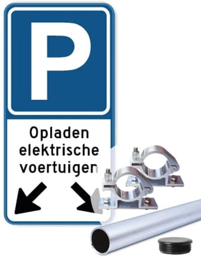 Bord opladen elektrische voertuigen met pijlen 30x60 cm - Bevestiging: Met paal 150 cm + paalbeugels + paaldop