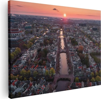 Artaza Canvas Schilderij Zonsondergang - 40x30 cm - Klein - Wanddecoratie Amsterdam - Muurdecoratie Skyline - Kamer Accessoires Grachten