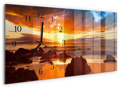 Tulup Wandklok - Zonsondergang Klok Glas Met Opdruk - 60x30 cm - Oranje Moderne Wandklok Glas - Zwarte Handen - Rechthoekige Wandklok - Klok Glas Met Opdruk - Moderne Wandklok Glas