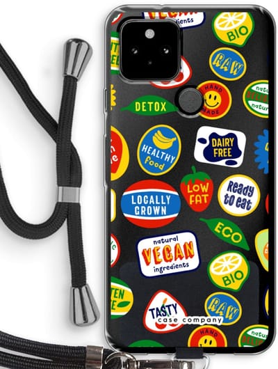 Case Company® - Hoesje met koord geschikt voor Google Pixel 5 hoesje met Koord - Fruitsticker - Telefoonhoesje met Zwart Koord - Bescherming aan alle Kanten en Over de Schermrand