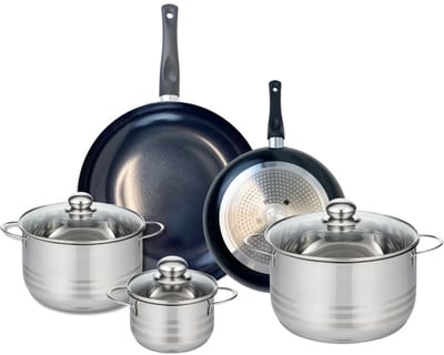 Set van 2 Koekenpannen 24 en 32 cm en 3 Kookpotten 14, 20 en 24 cm Elo Prima Glanzend