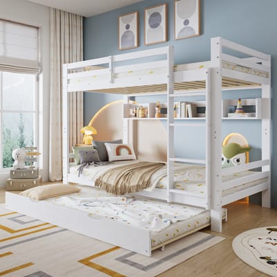 MODFU – Kinderstapelbed met Uitschuifbed – 90x200 cm – 2 Meter Plank & Opbergplank – Grenen – Wit