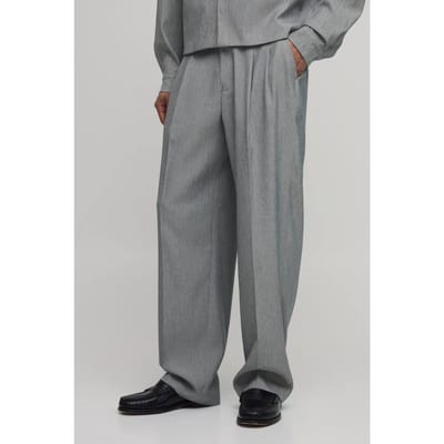 Visgraat Wijde Pijpen Pantalon Met Plooien En Gesneden Pasvorm | Stone | Size 28