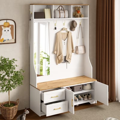 HAUSS SPOLE Garderobekast – Multifunctioneel Halmeubel Met LED-Vak (16 Kleuren), Spiegel, Haken En Laden, Zitbank Voor Schoenenopslag – MDF Met Aluminiumgrepen – 120x40x187 cm – Wit/Houtkleur