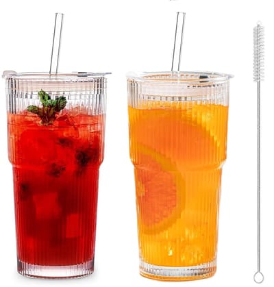 Dailygoods- Drinkglazen 600 ml - Set van 2 - Luchtdicht/waterdicht - Geribbelde Glazen - Inclusief Deksels/Rietjes - Perfect voor Koude Dranken - Glazen Mokken