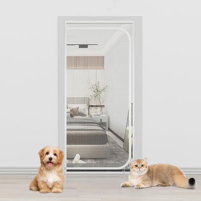 Huisdierhek geschikt voor katten om te geschikt voorkomen dat huisdieren ontsnappen, deurrolgordijn met ritssluiting geschikt voor woonkamer, slaapkamer, keuken en terras (100 x 210 cm, wit)