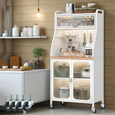 Opbergkast met werkblad en wielen - 66x36x160 cm - met verstelbare planken
