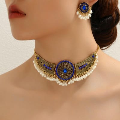 Nieuw retro veelzijdig vleugel druppelende kralen overdreven, modieus nek ketting oorbellen damespak brown