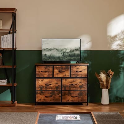 Brede Ladekast met 7 Stoffen Lades en Houten Bovenblad – Moderne Opbergkast / TV Meubel voor Slaapkamer, Woonkamer en Kinderkamer – Metalen Frame, Anti-Kantel Beveiliging – Industrieel Design – Mobili Bella