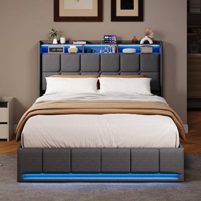 Opbergbed 160x200 cm Grijs – Linnen Tweepersoonsbed met Gasveer, LED Hoofd- & Voetbord, USB/Type-C