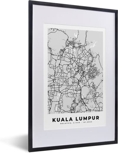 Fotolijst incl. Poster Zwart Wit- Kuala Lumpur - Stadskaart - Plattegrond - Zwart Wit - Kaart - 40x60 cm - Posterlijst