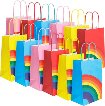 Set van 12 Kleurrijke Papieren Feesttassen met Handvatten - Ideaal voor Verjaardagen, Kerst en Halloween - 130 x 80 x 220 mm