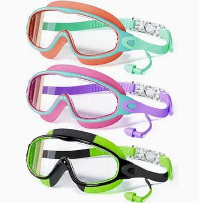 Kinderzwembril - Driedelige kinderzwembril met oordopjes - Anti-condens, UV-bescherming, unisex - Oranje + Paars + Groen