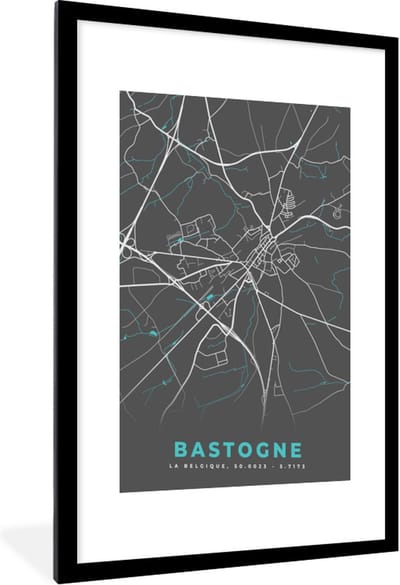 Fotolijst incl. Poster - Kaart – Plattegrond – Stadskaart – Bastogne – België - Grijs - 60x90 cm - Posterlijst