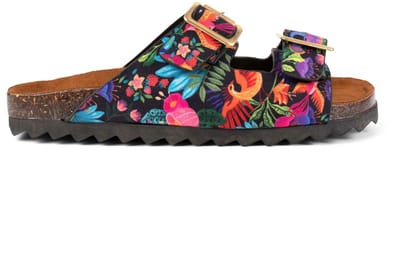 Inkkas Vegan dames sandalen Luzon Buckle – tropische Buckle sandalen met kleurrijke vogels en bloemen – zomersandalen voor strand, festival en vakantie