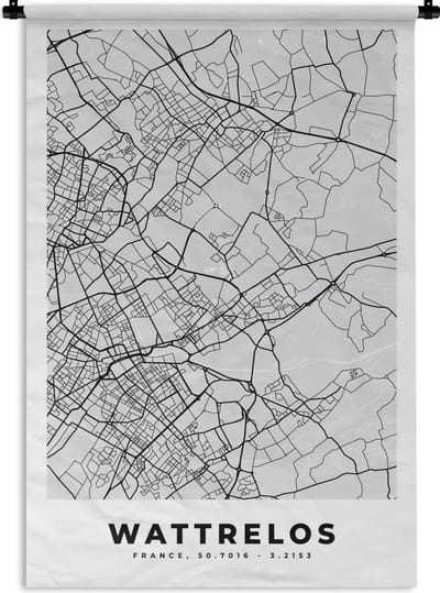 Wandkleed - Wanddoek - Wattrelos - Plattegrond - Frankrijk - Kaart - Stadskaart - 120x180 cm - Wandtapijt