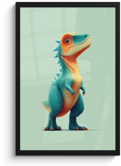Poster in lijst - Fotolijst 40x60 cm - Posters - Cartoon - Dino - Oranje - Stekels - Posterlijst zwart - Decoratie - Wanddecoratie woonkamer - Muurdecoratie slaapkamer