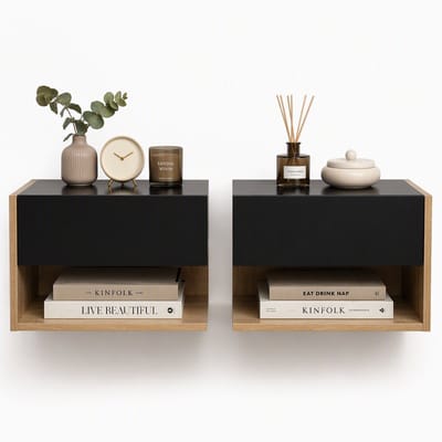 HomeGoodies - Zwevende nachtkastjes - Hangende nachtkastjes - Set van 2 - Met schuiflade - Open vak - Houtlook eiken en zwart