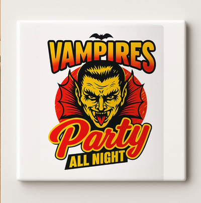 Keramische Halloween Tegel 15x15cm – “Vampires Party All Night” Retro Horror Ontwerp – Gotische Muurdecoratie voor Halloween & Verzamelaars