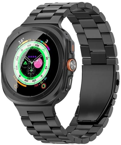 DrPhone Elite No-Gap RVS Horlogeband – Metalen Drie-Link Armband voor Samsung Watch7 Ultra 47mm - Premium Roestvrij Staal Polsband – Zwart