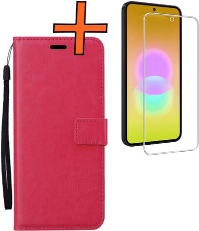 Hoes - Met Screenprotector - Geschikt voor Samsung Galaxy A27 - Luxe Pasjeshouder - Bookcase Portemonee - Flip Case - Kunstleer Book Case - Flipcase - Book Cover - Walletcase - PortemonneeHoes - Donkerroze