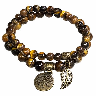 Fako Bijoux - Dubbele Kralen Armband Met Levensboom & Veertje - 6 & 8mm - Natuursteen Armband Set - Elastisch Koord - Tijgeroog
