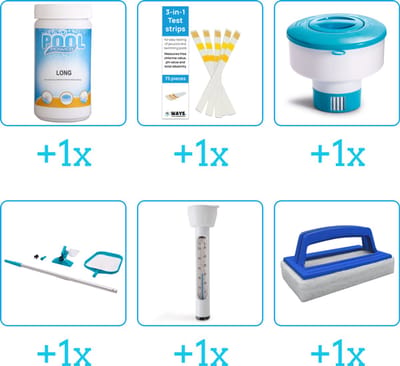 Zwembad Onderhoudspakket - Onderhoud Zwembad - bevat Chloor - Testrips - Chloordrijver - Schoonmaakset - Thermometer en Scrubborstel (6-delig)
