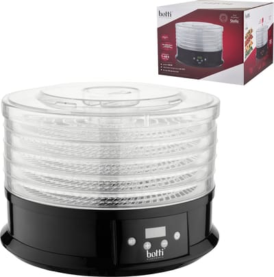 Botti Electronic Stella voedseldroger – Dehydrator – 5 trays – 1 tot 48 uur – 40-70°C – 250W – Zwart/Transparant