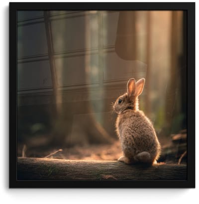 Poster in lijst - Fotolijst 40x40 cm - Posters - Konijn - Bos - Zonnestralen - Posterlijst zwart - Decoratie - Wanddecoratie woonkamer - Muurdecoratie slaapkamer