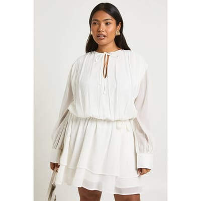 boohoo Dames Plus Chiffon Blouson Ruffle Riem Skater Jurk | Ivoor | Maat: 44